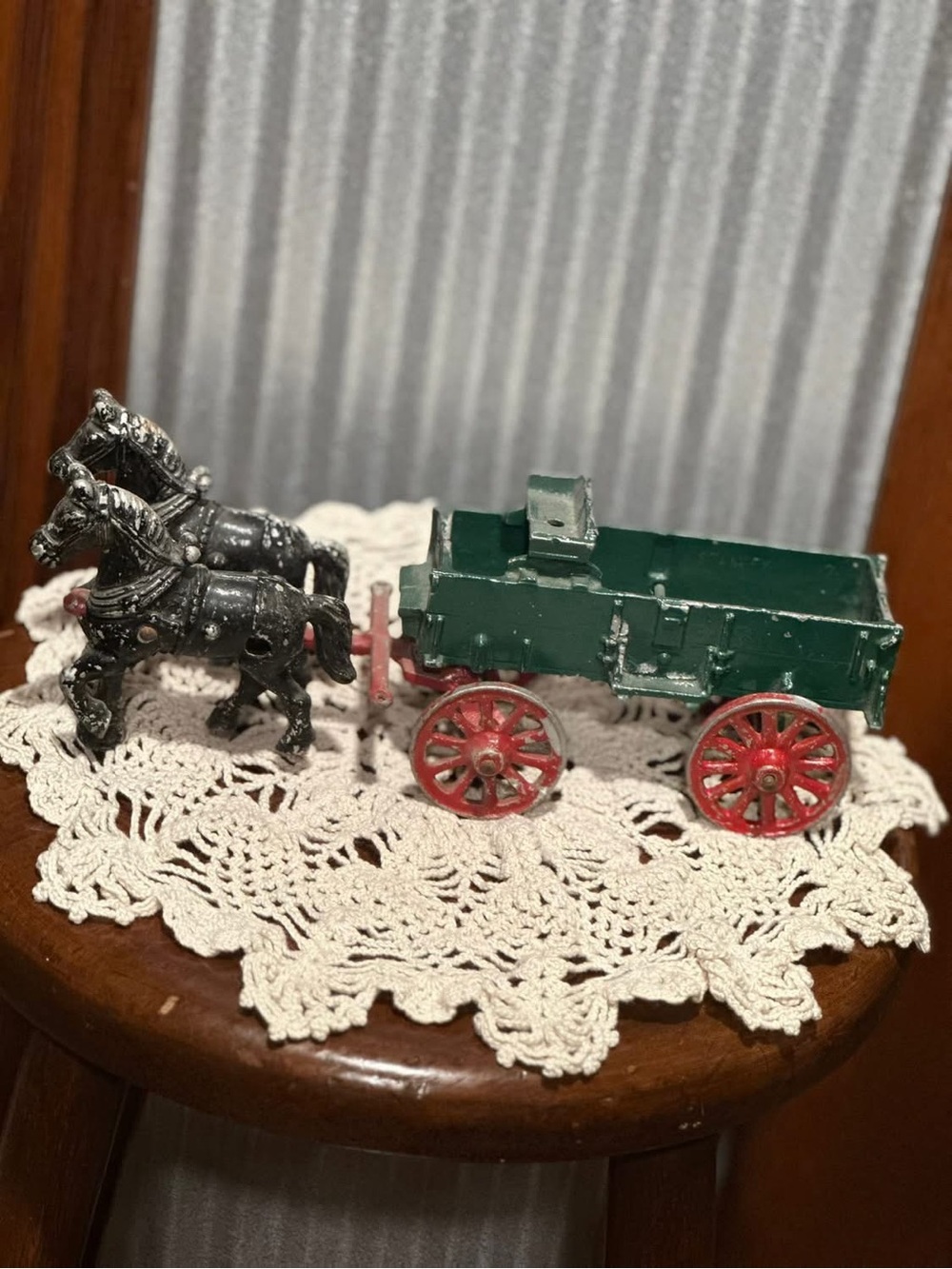 Vintage Stanley cast metal horse drawn farm wagon toy.